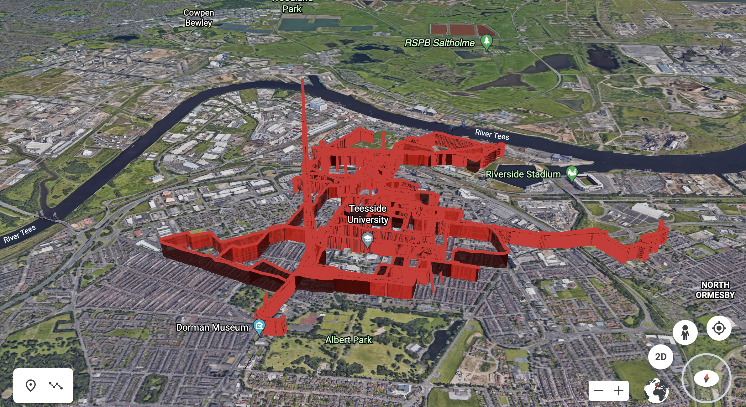 map of Middlesbrough with a red line plotting the cycle path and air pollution levels